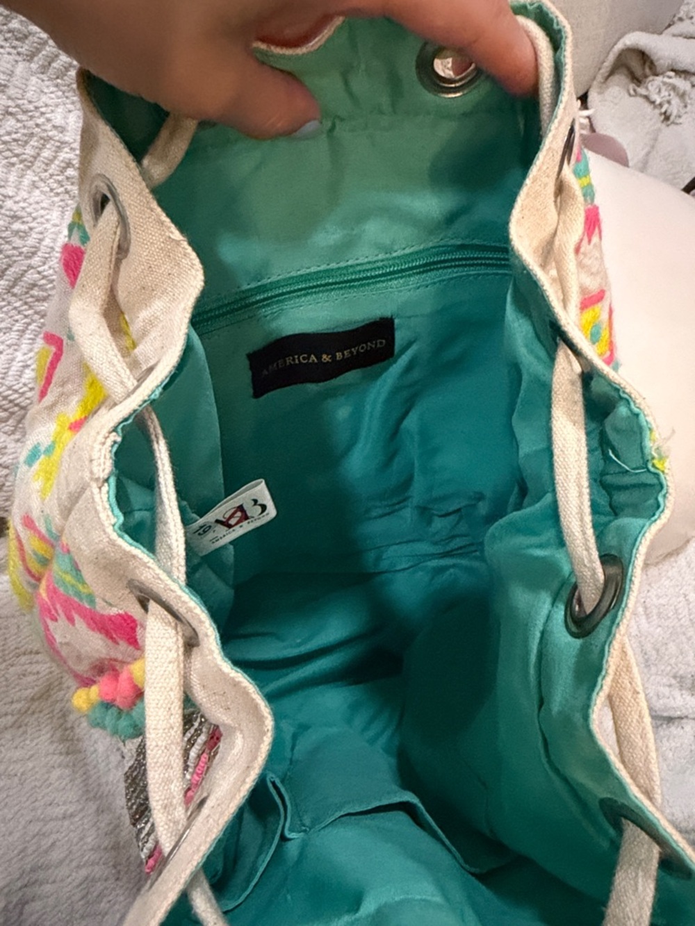 Embroidered Drawstring Backpack with Neon Pink & Turquoise Accents - Picture 4 of 5